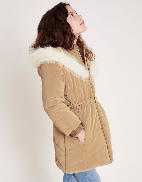 Padded Faux Fur Trim Belted Coat, Camel (CAMEL), large