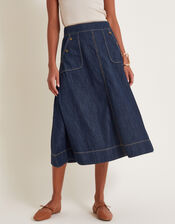 Harper A-Line Denim Midi Skirt, Blue (INDIGO), large