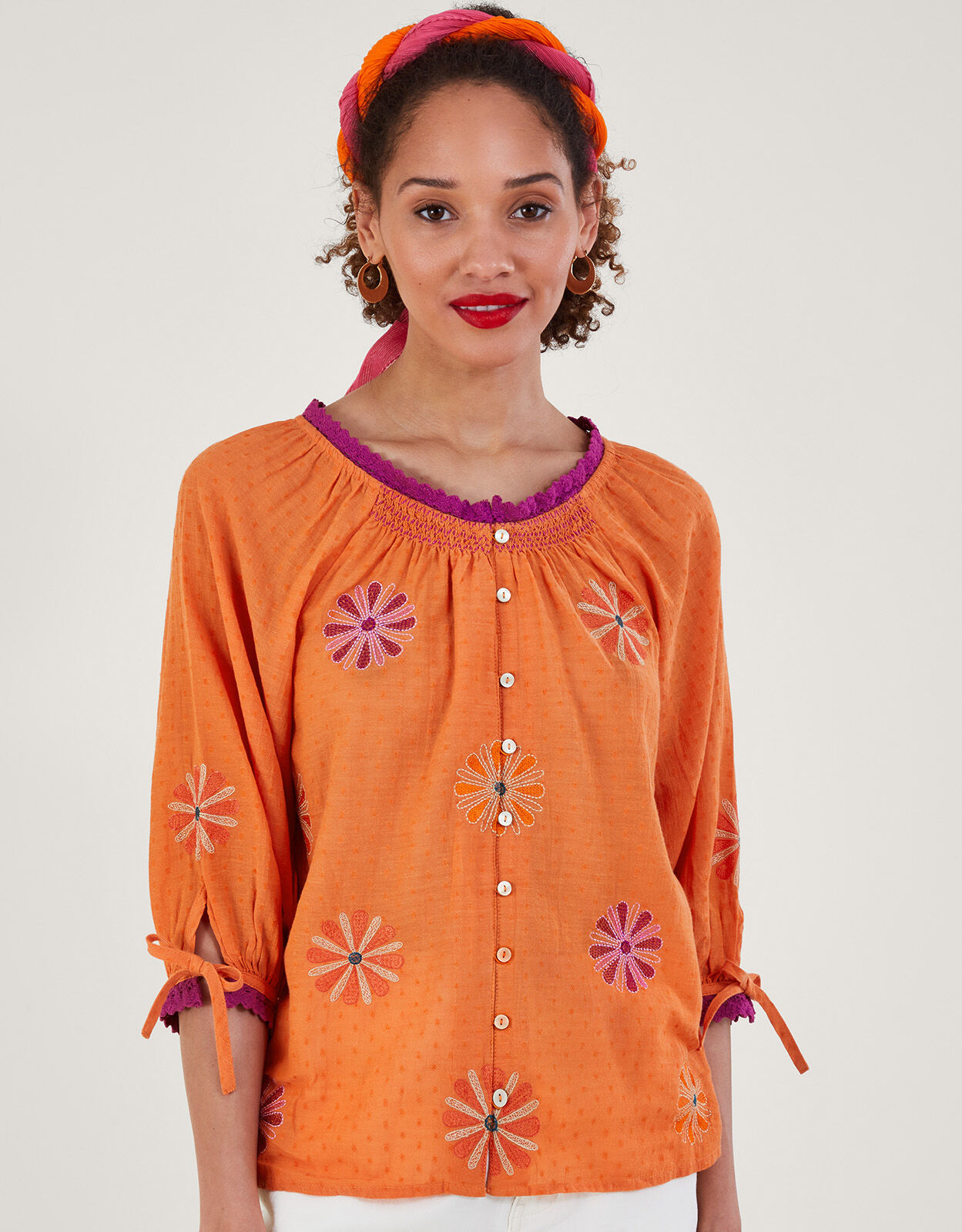 Floral Embroidered Button-Through Top Orange