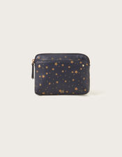 Star Print Large Leather Pouch, Blue (NAVY), large