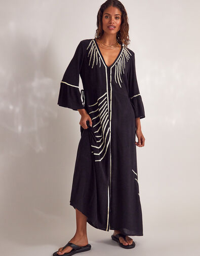 Cali Embroidered Leaf Kaftan Dress, Black (BLACK), large