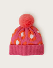 Leopard Print Pom-Pom Beanie, Pink (PINK), large