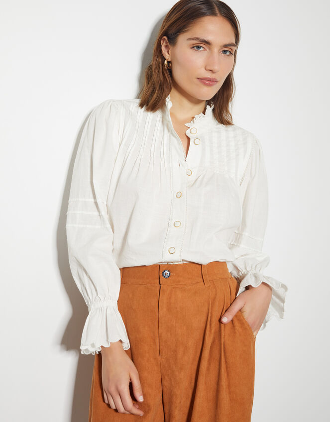 Rose Long Sleeve Frill Pleat Shirt, White (WHITE), large