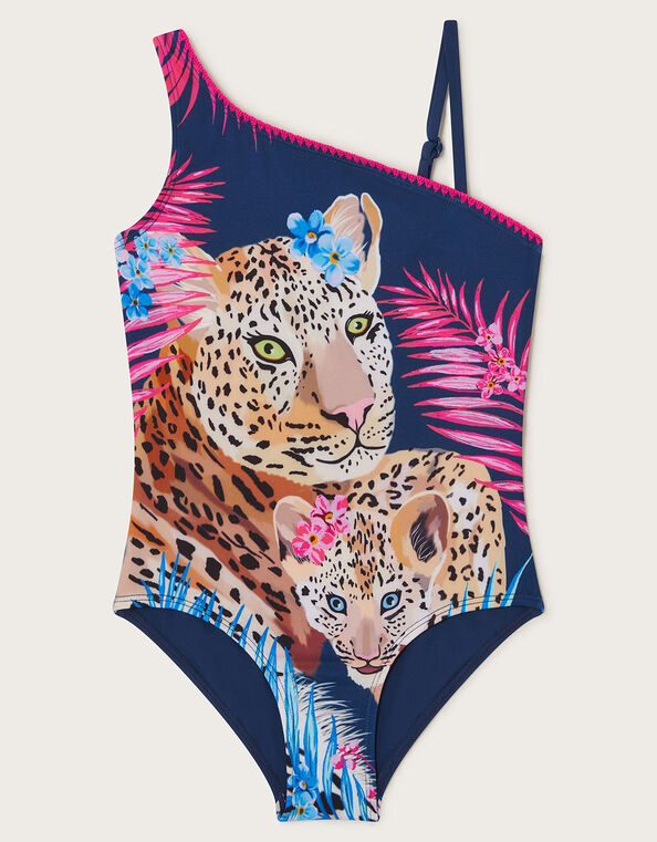 Asymmetric Leopard Swimsuit, Blue (NAVY), large