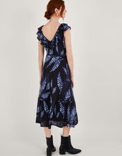 Palm Print Frill Jersey Dress in Recycled Polyester , Blue (NAVY), large