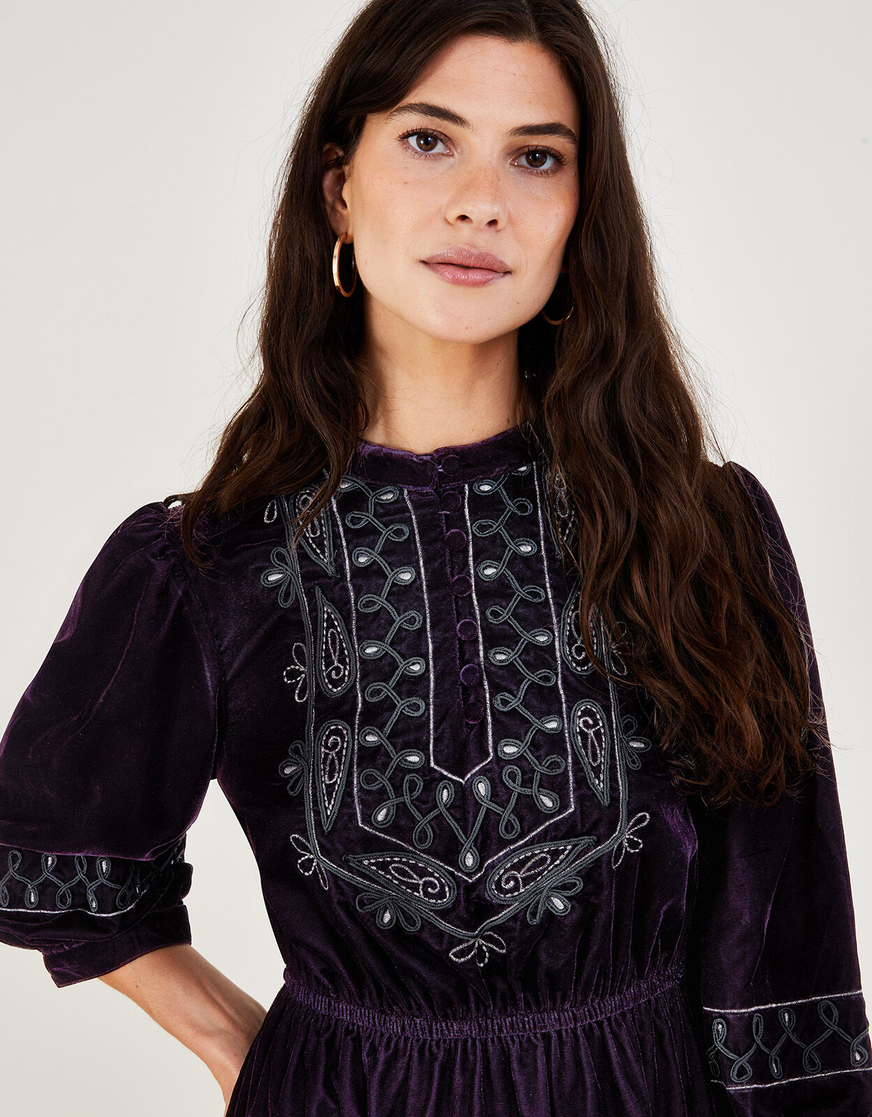 Embroidered Velour Midi Dress