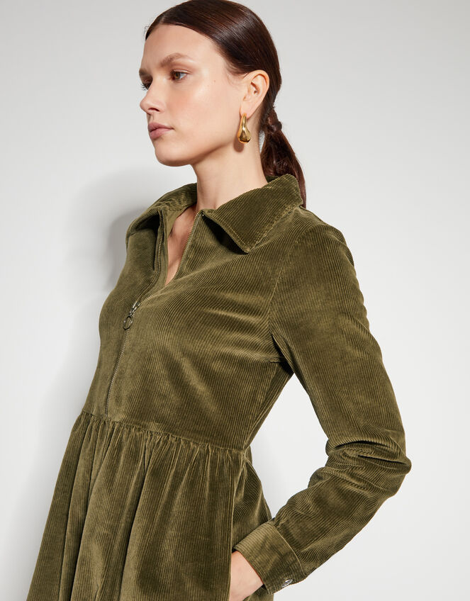 Alana Cord Zip Midi Dress, Green (OLIVE), large