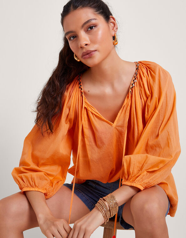 Amy Tie Neck Top, Orange (ORANGE), large