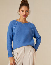 Rib Plain Big Button Detail Jumper, Blue (BLUE), large