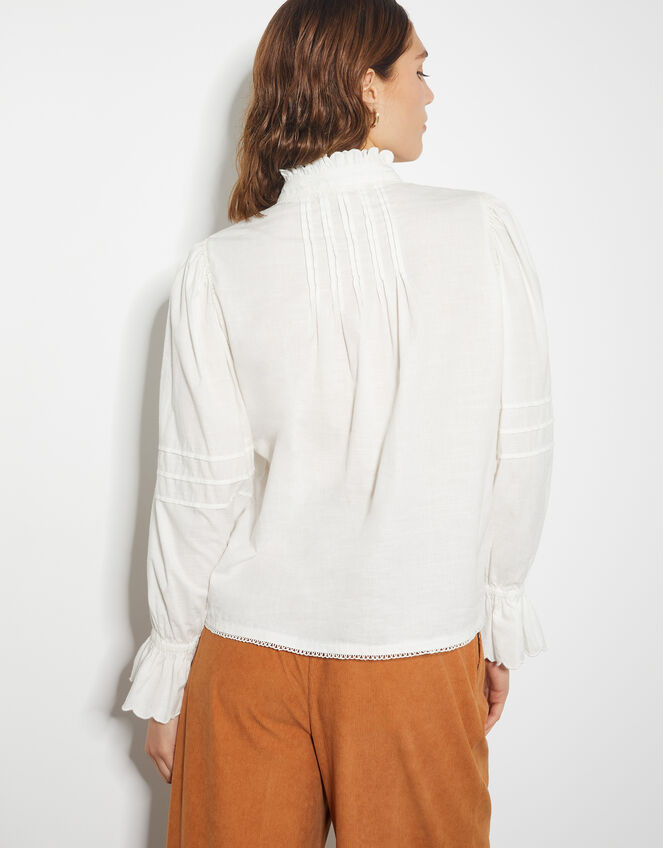 Rose Long Sleeve Frill Pleat Shirt, White (WHITE), large