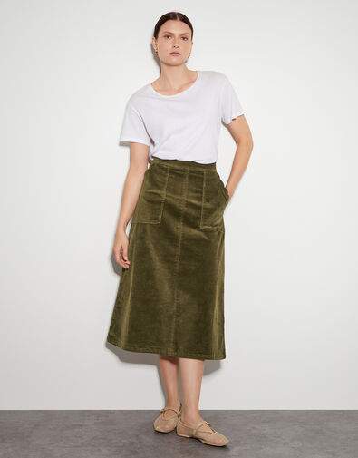 Malika Corduroy Midi Skirt, Green (OLIVE), large