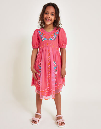 Short Sleeve Embroidered Mesh Dress, Pink (PINK), large