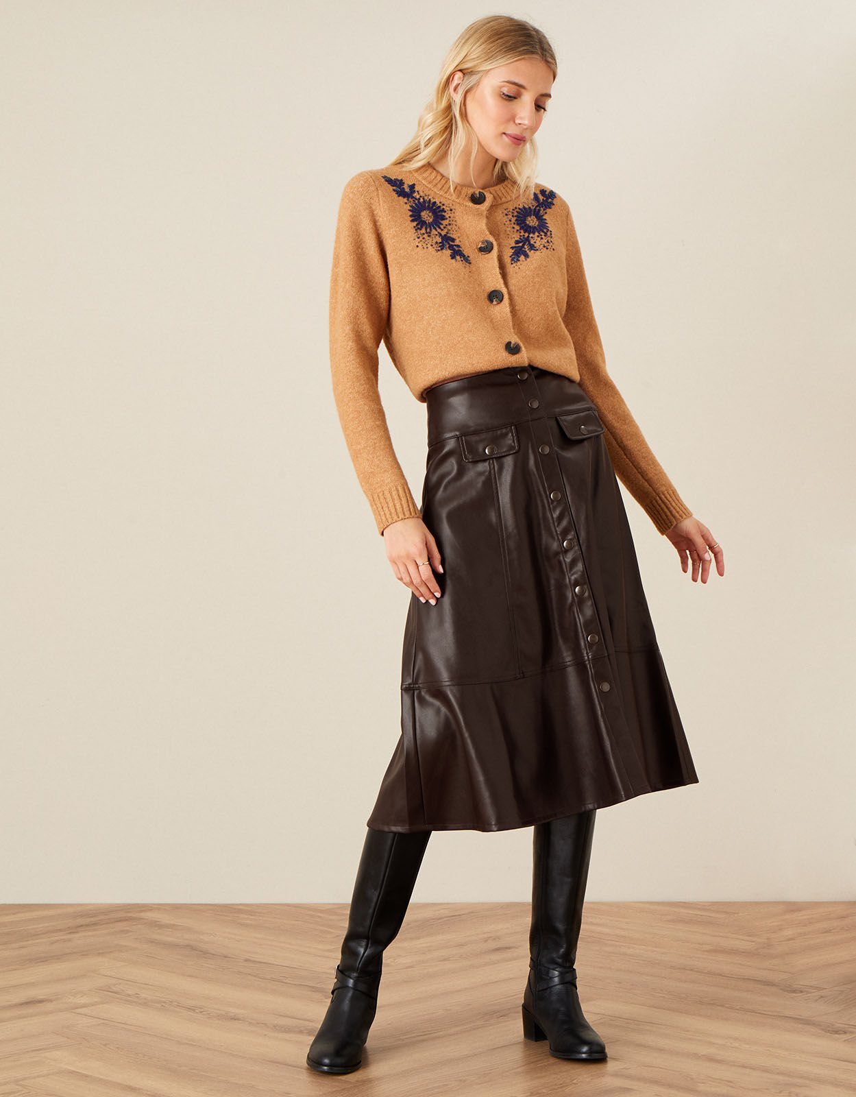 Leather-Look Midi Skirt Brown | Skirts 