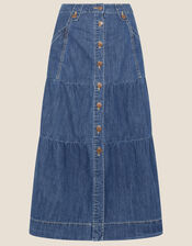 Tiered Denim Midi Skirt, Blue (DENIM BLUE), large