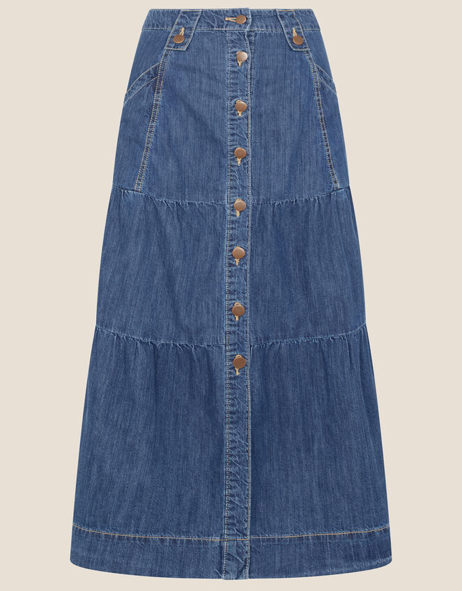 Tiered Denim Midi Skirt, Blue (DENIM BLUE), large