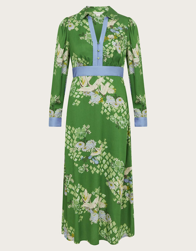 Jennifer Long Sleeve Floral Print Midi Dress, Green (GREEN), large