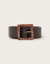 Tortoiseshell Buckle Leather Belt, Black (BLACK), large