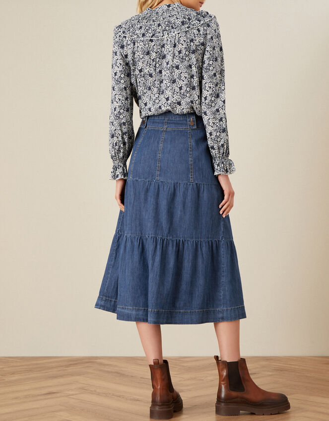 Tiered Denim Midi Skirt, Blue (DENIM BLUE), large