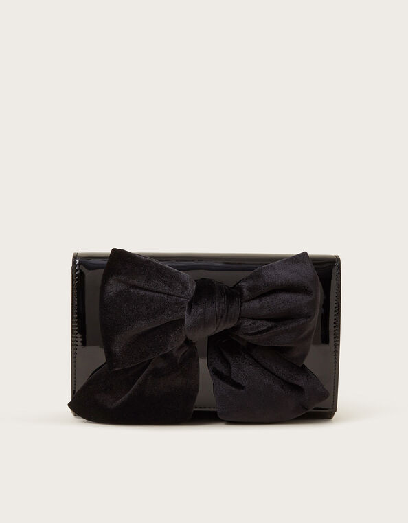 Paige Velvet Bow Patent Clutch Bag, Black (BLACK), large
