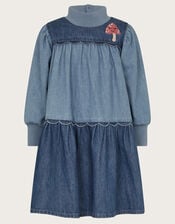 Long Sleeve Tiered Denim Dress, Blue (BLUE), large