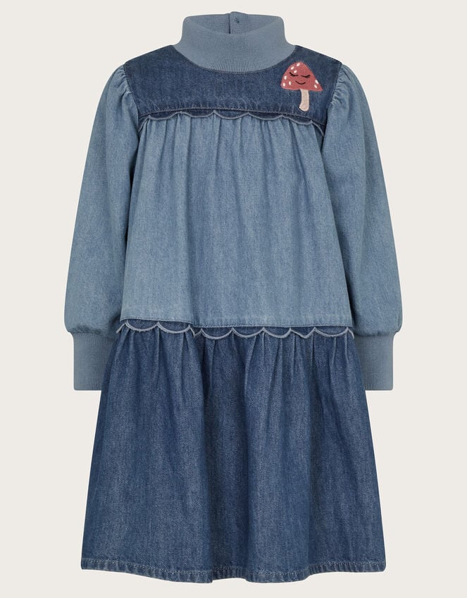 Long Sleeve Tiered Denim Dress, Blue (BLUE), large