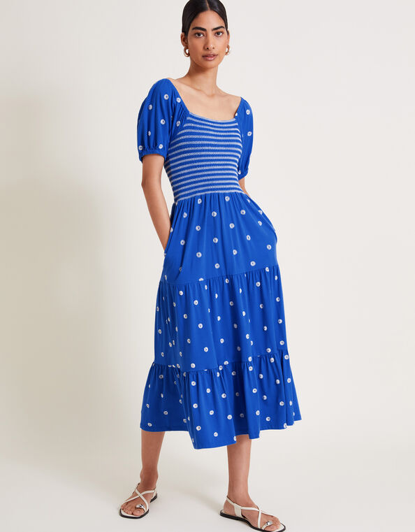 Susie Shirred Embroidered Midi Dress, Blue (BLUE), large