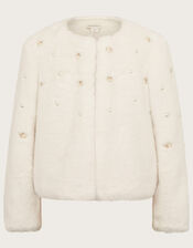 Embellished Faux Fur Coat, Ivory (IVORY), large