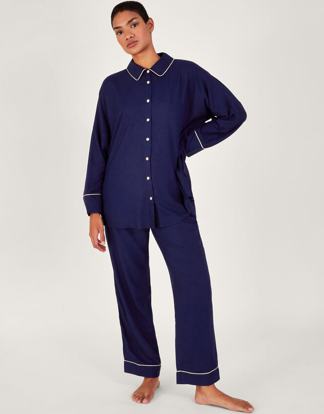 Pru Peacock Embroidered Pyjama Set, Blue (NAVY), large