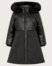 Faux Fur Hooded A-Line Puffer Coat, Black (BLACK), large