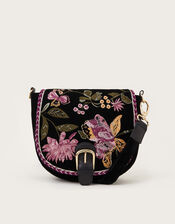 Freya Embroidered Velvet Saddle Bag, Black (BLACK), large