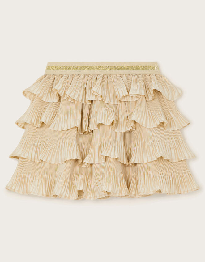 Pleated Ruffle Satin Skirt, Gold (GOLD), large