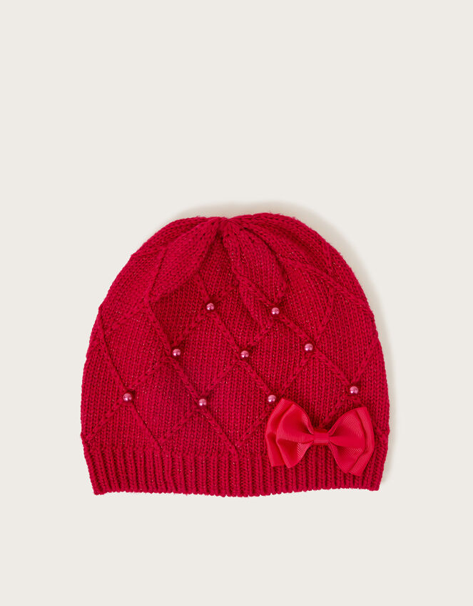 Pearly Knit Beanie Hat, Red (RED), large