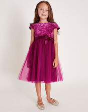 Velvet Embroidered Tulle Dress, Pink (MAGENTA), large