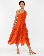 Monsoon- Maria Palm Lace Midi Dress , Orange (ORANGE), large