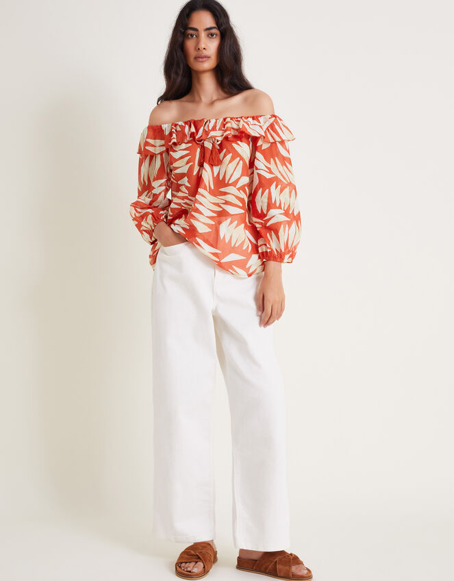 Shelly Ruffle Bardot Top, Orange (RUST), large