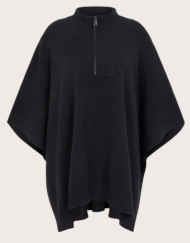 Half Zip Knit Poncho, Black (BLACK), large