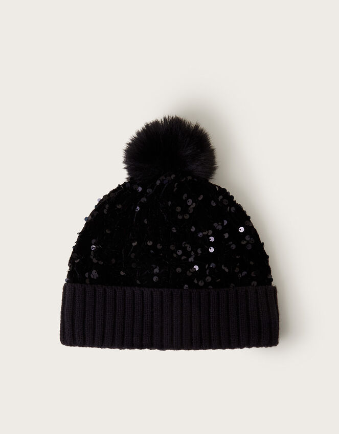 Sequin Faux Fur Pom-Pom Beanie, Black (BLACK), large