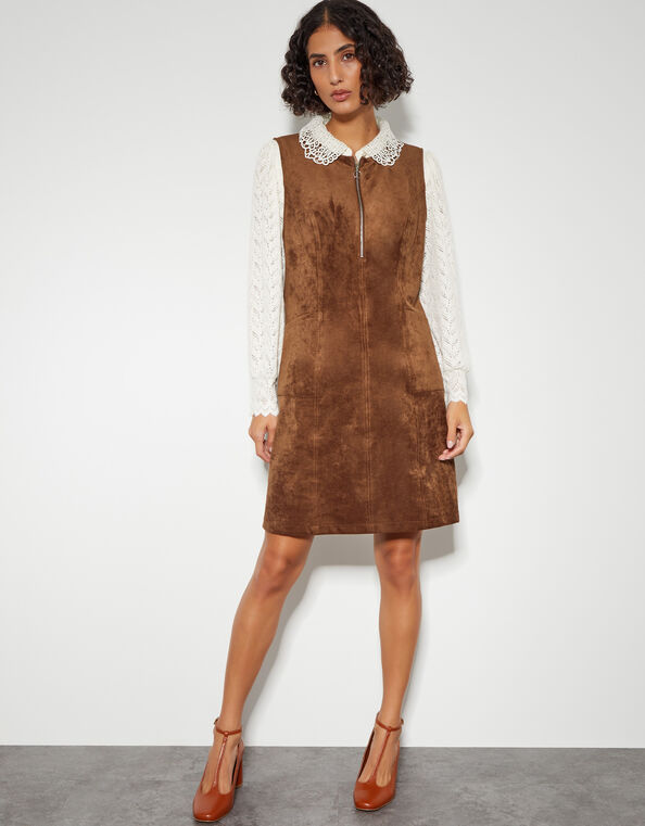 Amber Suedette Pinafore Dress, Brown (BROWN), large