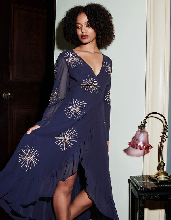 Serena Embellished Wrap Dress, Blue (MIDNIGHT), large