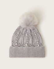 Rosa Pearl Pom Beanie Hat, Grey (GREY), large