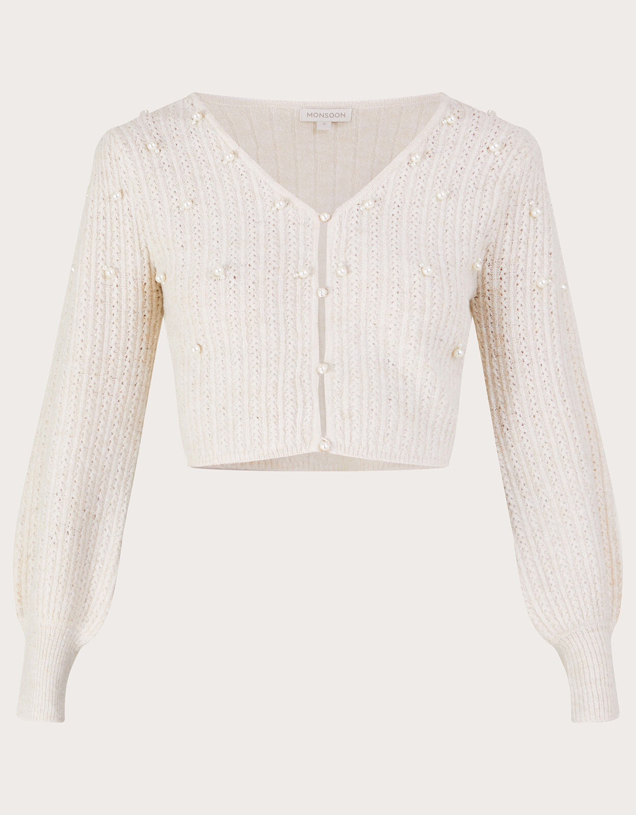 Pointelle Pearl Short Cardigan with Recycled Polyester Ivory