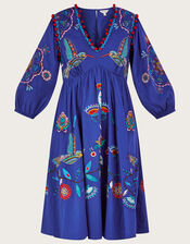 Floral and Bird Below Knee Dress, Blue (COBALT), large