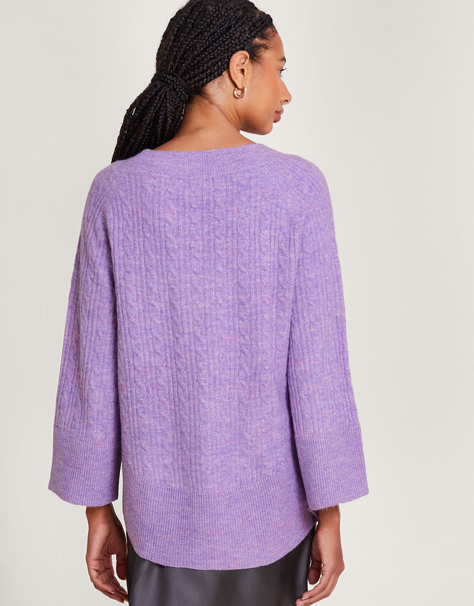 V-Neck Cable Longline Jumper with Recycled Polyester , Purple (LILAC), large