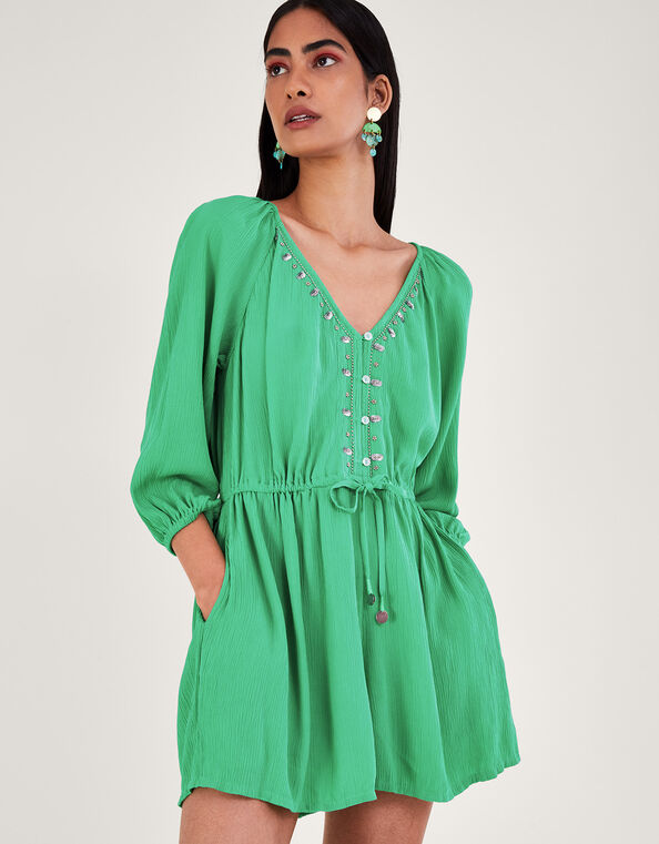 Long Sleeve Embellished Romper, Green (GREEN), large