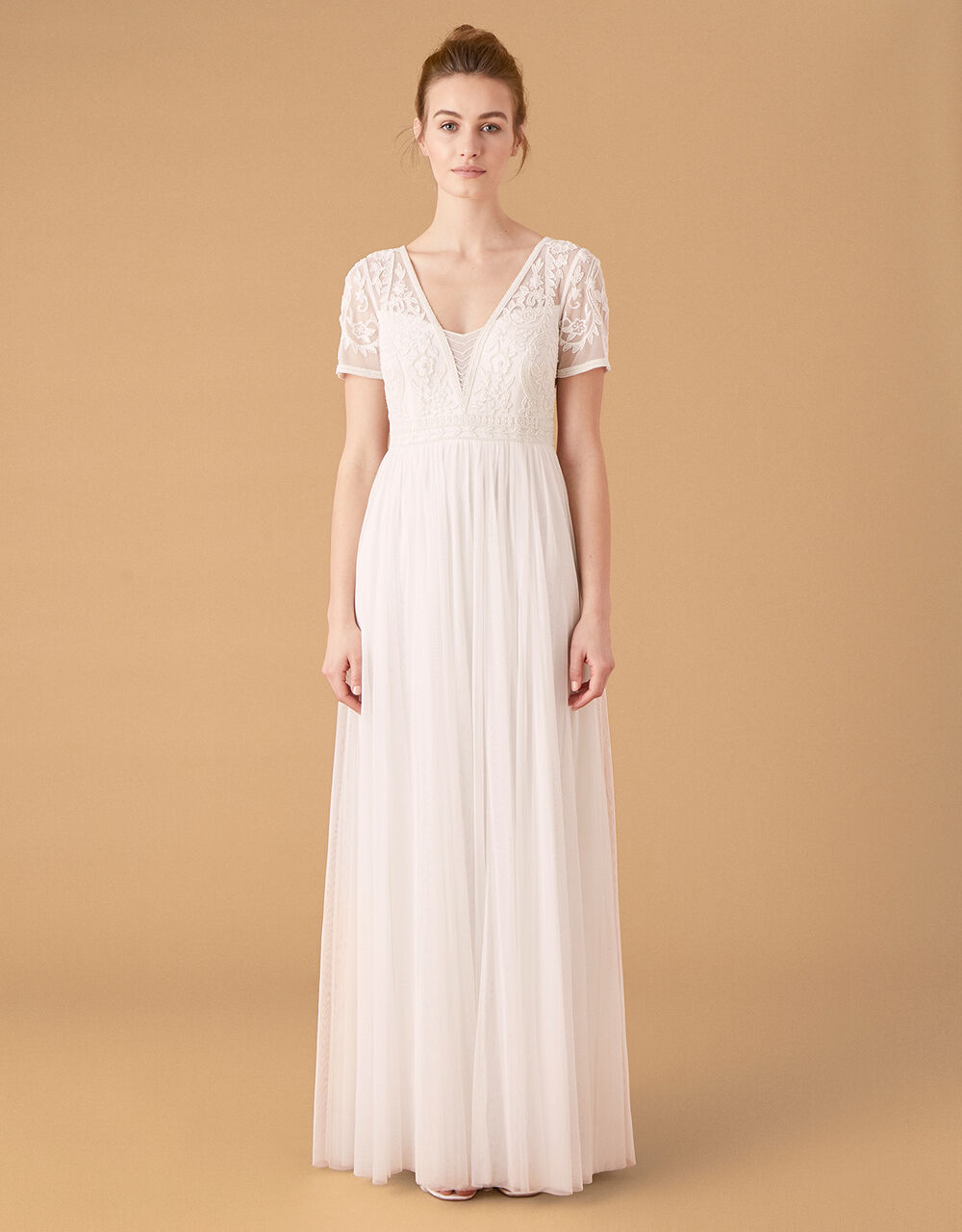 Beth Beaded Floral Plunge Bridal Dress Ivory