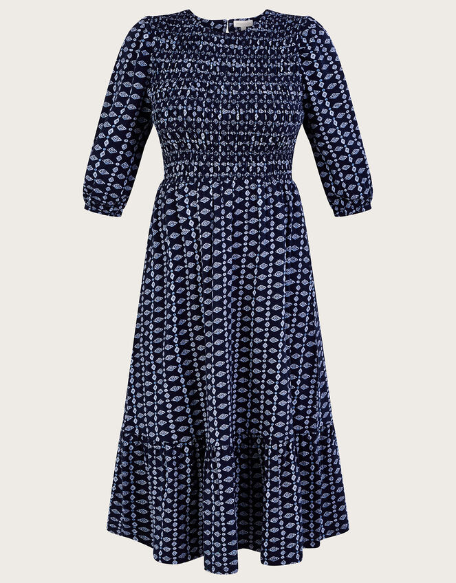 Geometric Print Tiered Shirred Jersey Dress, Blue (NAVY), large