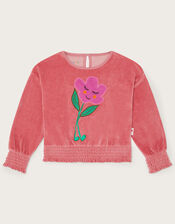 Embroidered Flower Velour Long Sleeve Top, Pink (PINK), large