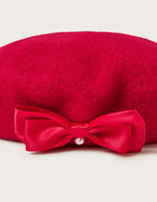 Diamante Bow Wool Beret, Red (RED), large