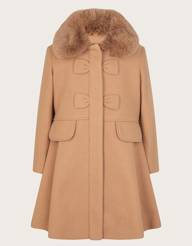 Faux Fur Collar Bow Swing Coat, Camel (CAMEL), large