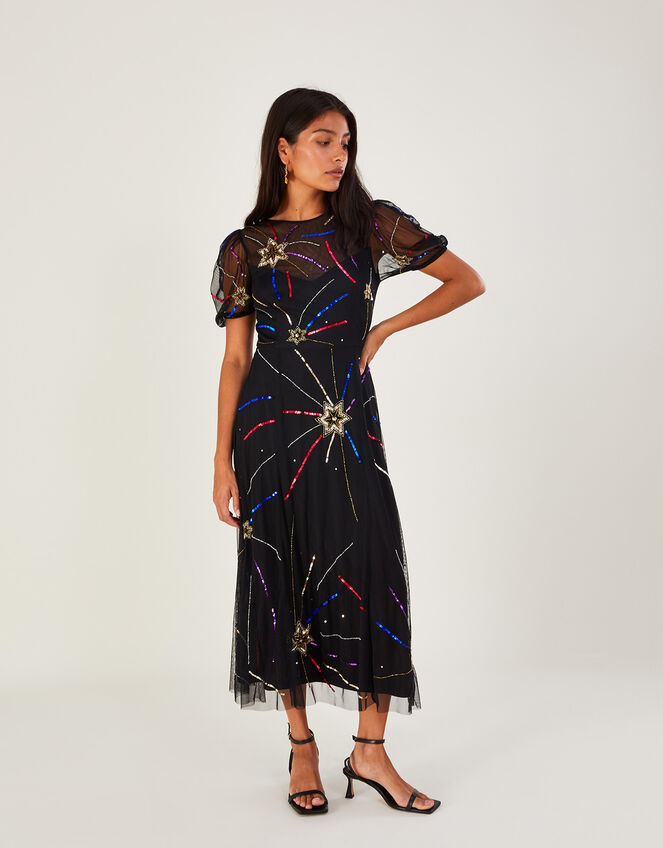 Zoey Embellished Star Midi Dress in Recycled Polyester Black